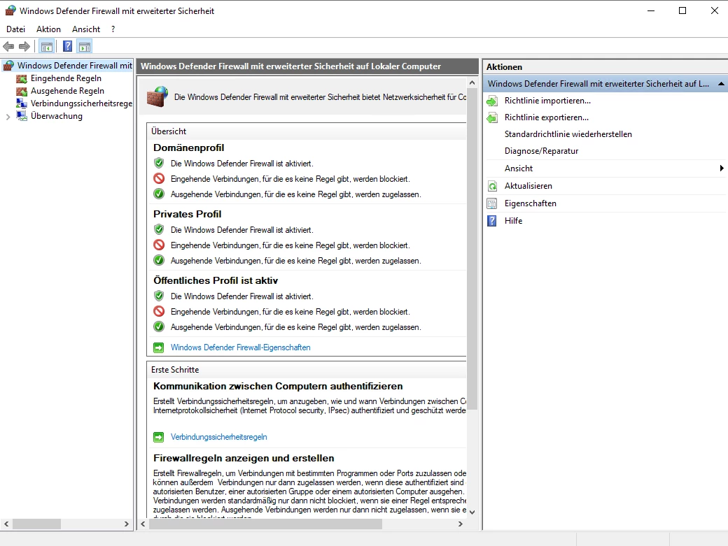 Screenshot der Windows Defender Firewall mit erweiterter Sicherheit: linke Leiste, mittlere Profilübersicht.