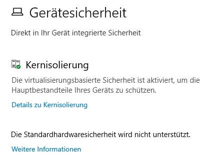 Screenshot der Gerätesicherheit: Kernisolierung mit aktiviertem Status Links: Details zu Kernisolierung, Weitere Informationen.