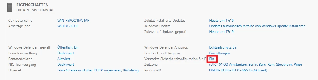 Screenshot eines Windows-Eigenschaftenfensters mit zwei Spalten: Kategorien links, Statuswerte (Ein/Aus) rechts.