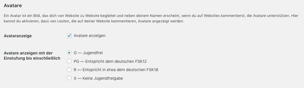 Screenshot einer Einstellungsseite: Checkbox 'Avatar anzeigen' und Radiobuttons für Altersfreigaben (G, PG, R, X).