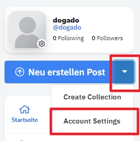 Profilkarte mit grauem Avatar, Name dogado, 0 Following, 0 Followers; blauer Button Neu erstellen Post, Dropdown-Pfeil, Zahnradsymbol; Menü Startseite, Account Settings