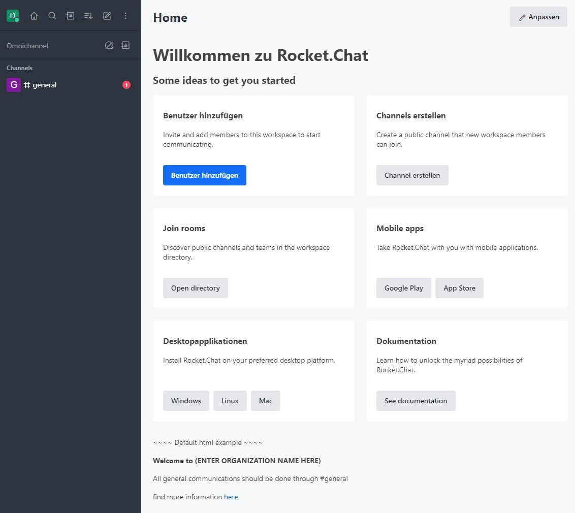Screenshot der Rocket.Chat-Startseite: linker dunkler Bereich, Hauptbereich mit Willkommen zu Rocket.Chat und sechs Karten.