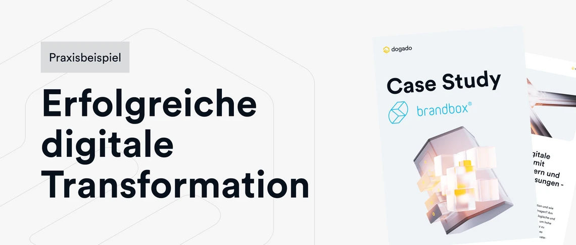 Zwei überlappende Entwürfe: links Text Erfolgreiche digitale Transformation; rechts Case Study und Würfel-Collage.