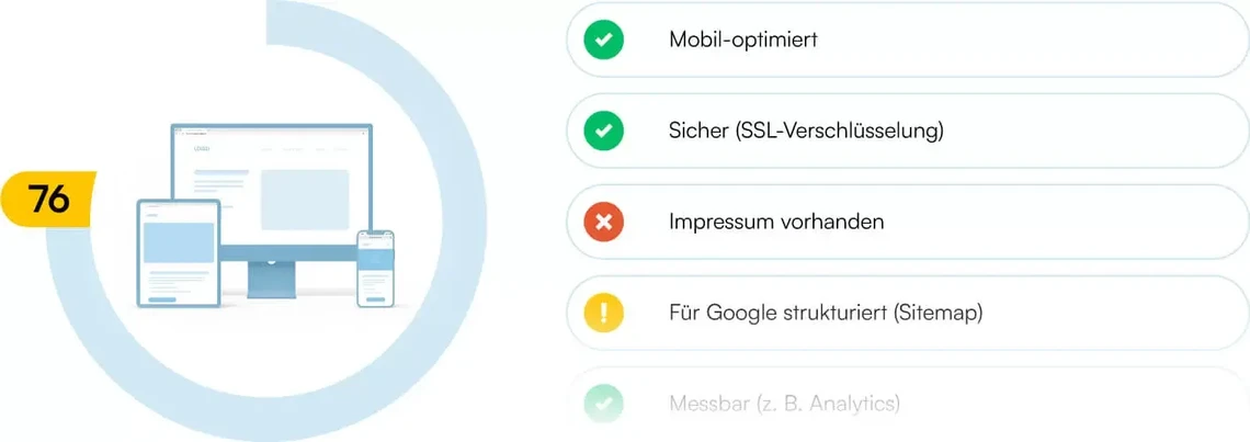Blauer Kreis mit Monitor-Icons links; rechts abgerundete Kästen mit Symbolen und Texten wie Mobil-optimiert, SSL, Impressum.