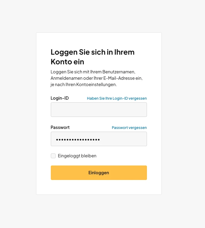 Login-Formular mit Feldern Login-ID und Passwort, Checkbox 'Eingeloggt bleiben' und gelben 'Einloggen'-Button.