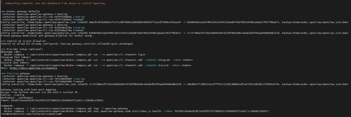 Schwarzes Terminalfenster mit vielen Zeilen Code und Befehlen in weißem und farbigem Text.