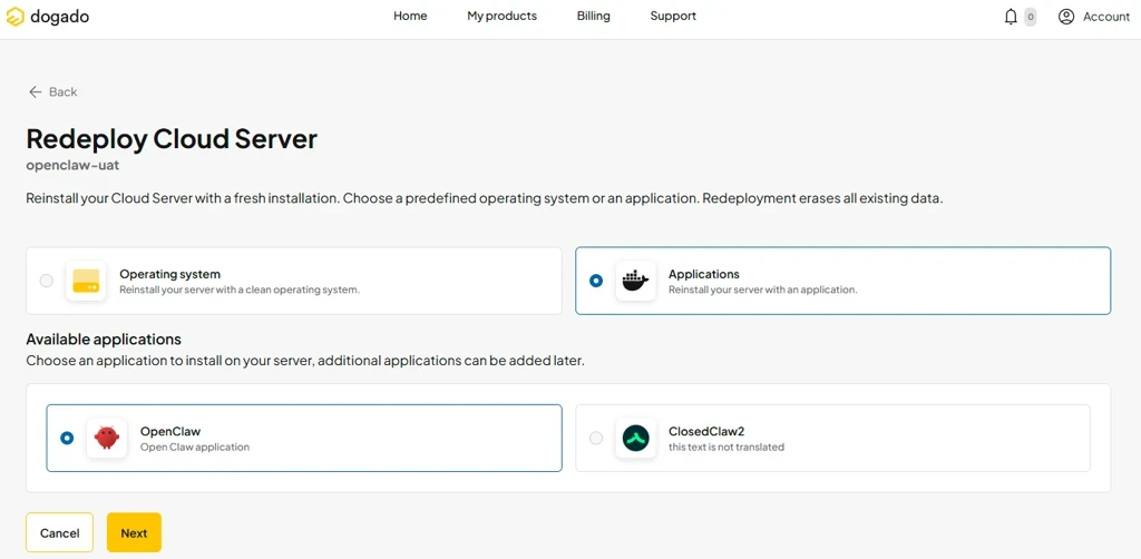 Redeploy Cloud Server – dogado-Logo oben; Tabs Betriebssystem/Anwendungen; zwei App-Karten (OpenClaw); Cancel/Next