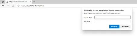 Screenshot eines Browserfensters mit weißer Seite; rechts ein Dialog mit Feldern Benutzername, Passwort und zwei Buttons.