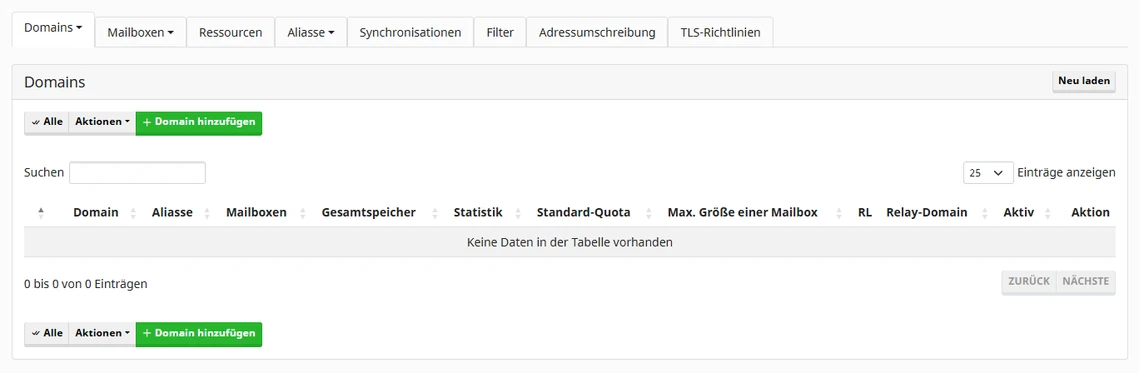 Screenshot einer Domain-Verwaltungsoberfläche: Domains, grüner Button 'Domain hinzufügen', Suchfeld, leere Tabelle.