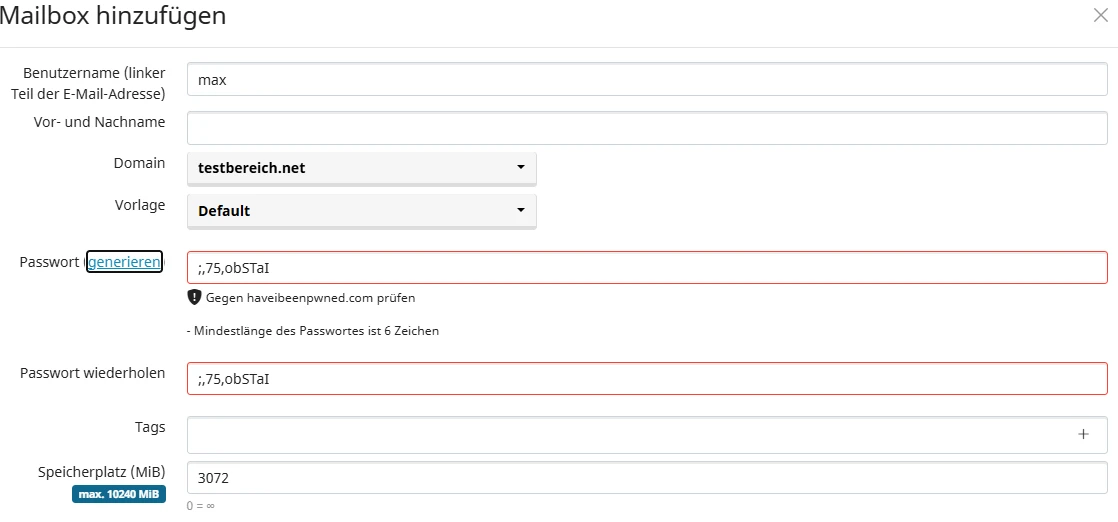 Formular Mailbox hinzufügen mit Feldern: Benutzername, E‑Mail-Teil, Domain, Vorlage, Passwort, Wiederholung, Tags, Speicher.