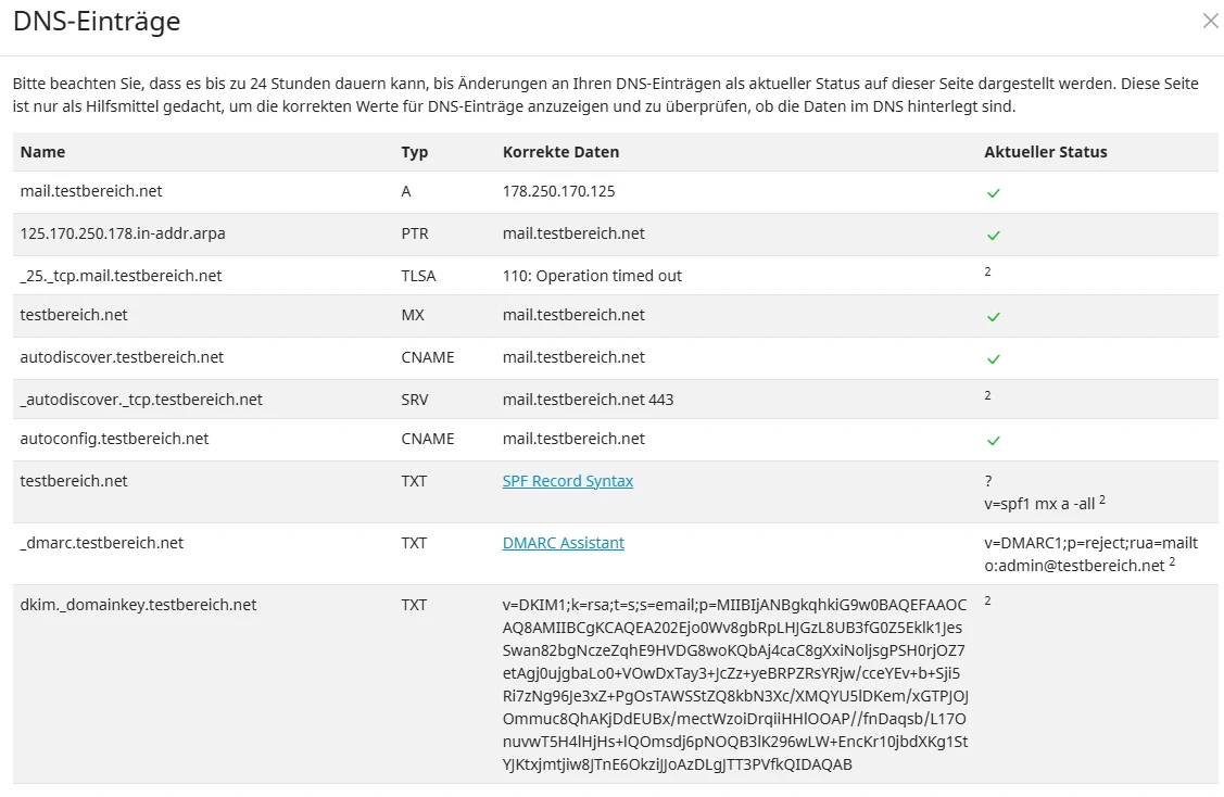 DNS-Eintragsliste in einem Fenster: Namen, Typen (A, PTR, TLSA, MX, SRV, CNAME, TXT) und grüne Status-Häkchen.