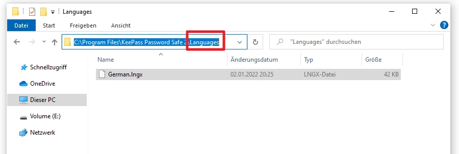 Windows-Datei-Explorer zeigt Ordner Languages mit der LNGX-Datei German.lngx (42 KB).