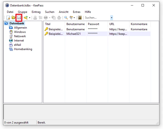 KeePass-Fenster: linker Kategorienbaum; rechts zwei Eintraege (Titel, Benutzername, Passwort versteckt, URL, Kommentare).