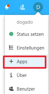 UI-Dropdown mit Avatar 'D'; Einträge: dogado, Status setzen, Einstellungen, Apps (mit roter Umrandung), Über, Benutzer.