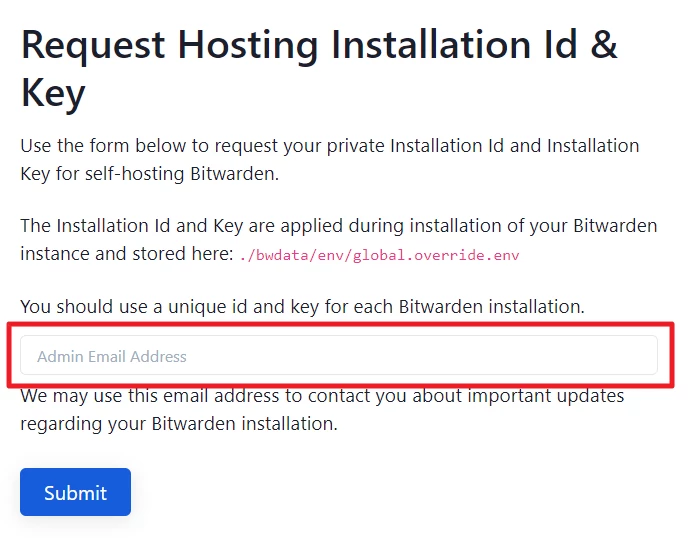 Webseite mit Titel Request Hosting Installation Id & Key; roter Rahmen um das Feld Admin Email Address, blauer Button Submit.