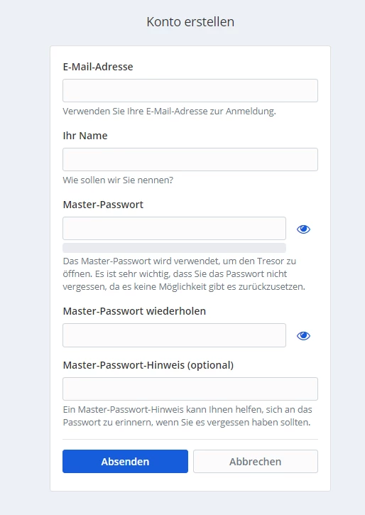 Konto-Erstellung: Felder für E‑Mail, Name, Master-Passwort, Wiederholung; optionaler Hinweis; Absenden/Abbrechen.