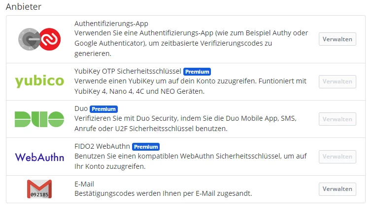 Liste von Anbietern zur Authentifizierung mit Logo-Icons: Authenticator-App, YubiKey, Duo Security, WebAuthn-Schlüssel, E-Mail.
