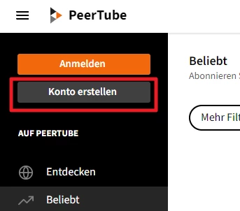 PeerTube-Oberfläche: linke dunkle Seitenleiste mit orangefarbenem Button 'Anmelden' und rotem Rahmen um 'Konto erstellen'.