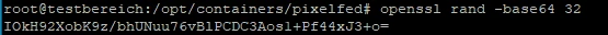 Terminalfenster mit Root-Prompt, Pfad /opt/containers, Befehl 'openssl rand -base64 32' sichtbar.