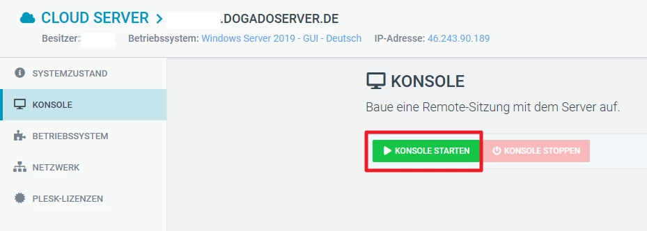 Dashboard eines Servers: linke Navigation, zentrale Konsole mit grünem Button 'KONSOLE STARTEN'.