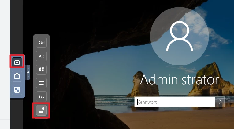 Windows-Anmeldebildschirm mit Benutzer-Icon Administrator und Passwortfeld; Hintergrund Strand, Meer und Felsen.