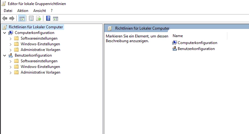 Editor für lokale Gruppenrichtlinien: linke Baumansicht zeigt Lokaler Computer, rechter Bereich mit Hinweistext.