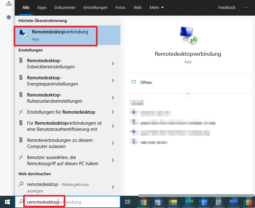 Windows-Startmenü mit Suchbegriff 'Remotedesktopverbindung' links, App-Detailseite rechts mit Icon.