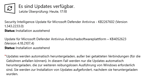 Fenster: Updates verfügbar; zwei Defender Antivirus-Updates (KB2267602, KB4052623) stehen zur Installation.