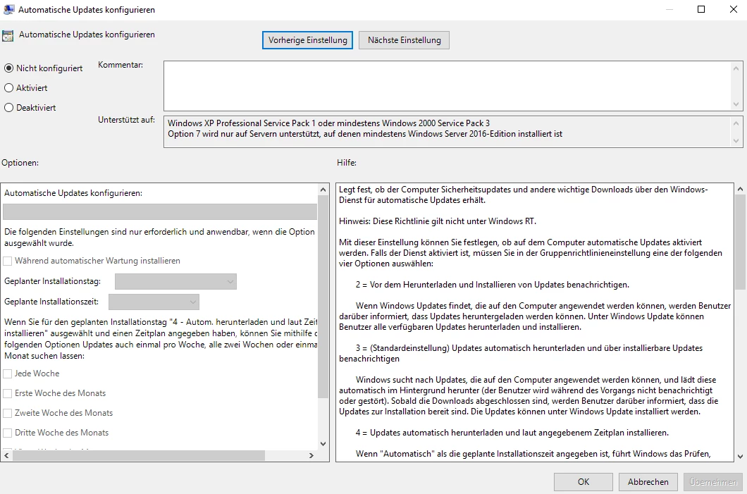 Windows-Dialog Automatische Updates konfigurieren; linke Optionen, rechter Textbereich, unten OK/Abbrechen.