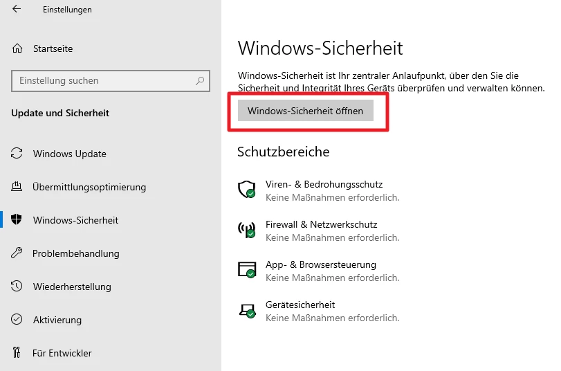Windows-Sicherheit-Seite in den Einstellungen; hervorgehobener Button 'Windows-Sicherheit öffnen'.