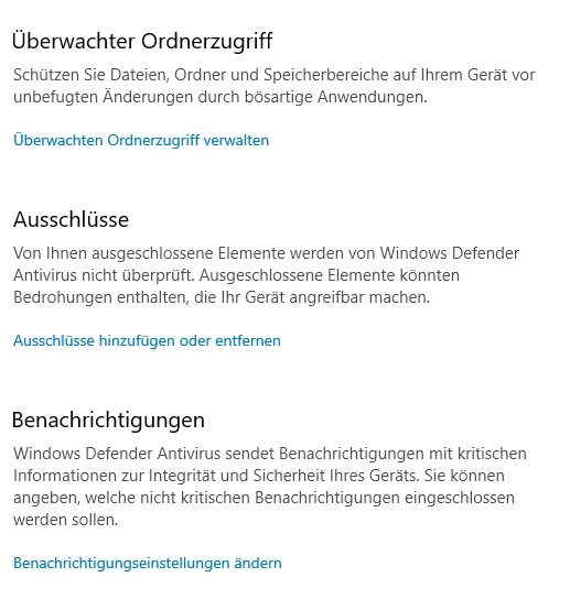 Screenshot einer Windows Defender-Seite mit Überwachter Ordnerzugriff, Ausschlüsse und Benachrichtigungen, blaue Links.