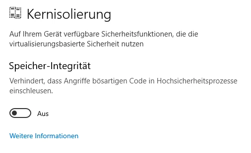 Bildschirm mit Kernisolierungseinstellungen: Kernisolierung, Speicher-Integrität, ausgeschaltetem Schalter.