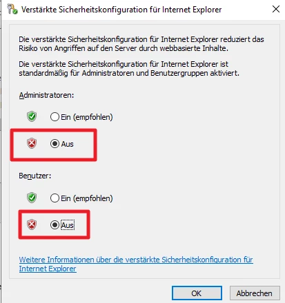 Dialogfenster: Verstärkte Sicherheitskonfiguration für Internet Explorer; Administratoren und Benutzer mit 'Ein' und 'Aus'.