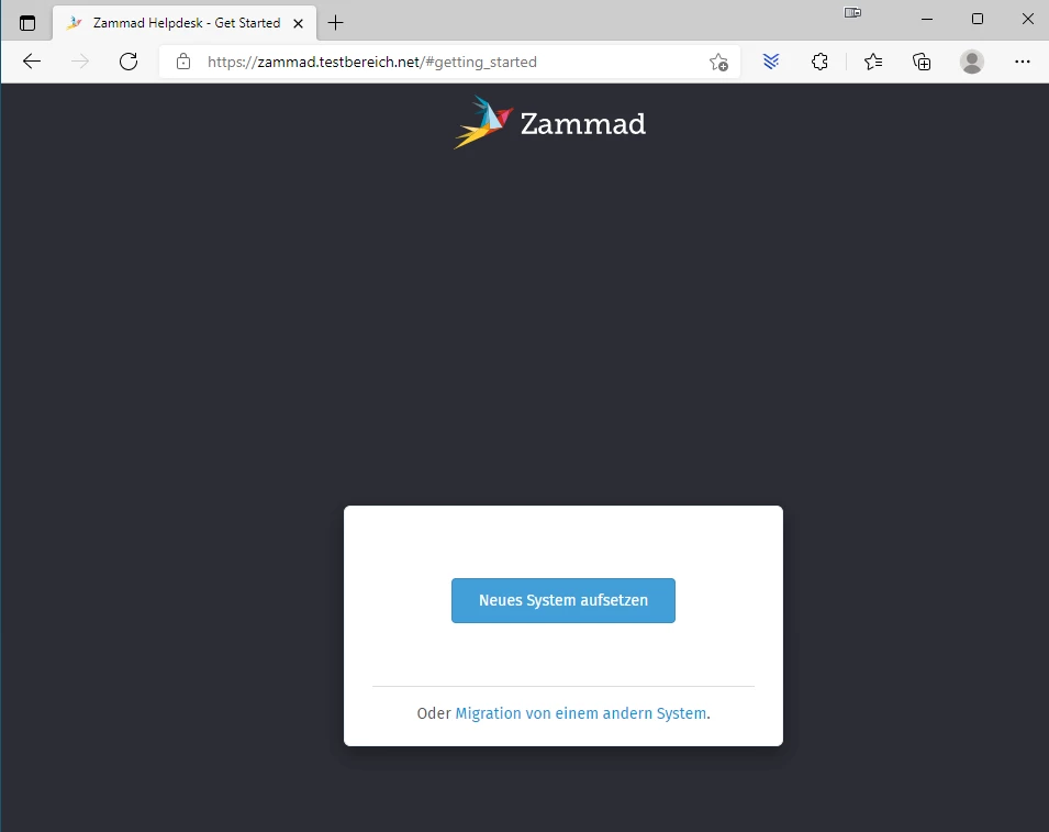 Screenshot mit dunklem Hintergrund; mittig weißes Popup-Fenster, blauer Button Neues System aufsetzen und Linktext darunter.
