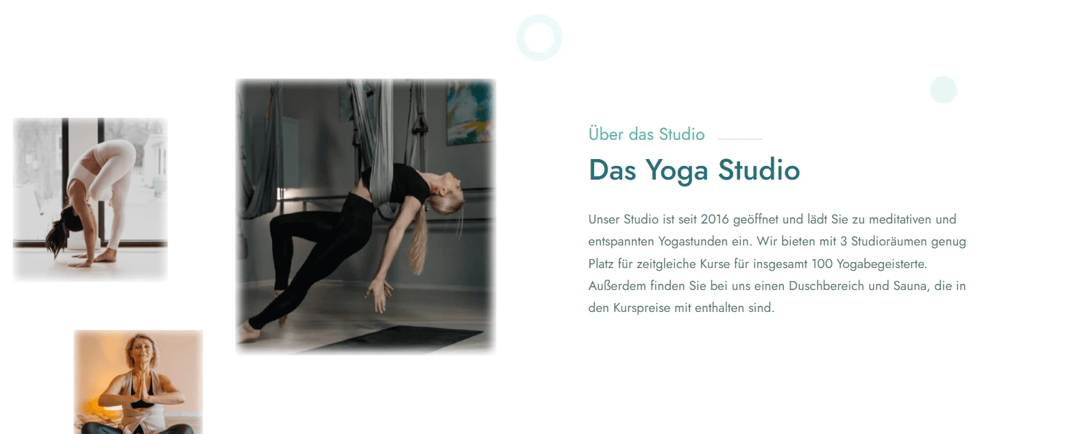Collage aus drei Fotos von Menschen beim Yoga in einem hellen Innenraum; rechts Textblock mit 'Das Yoga Studio'.