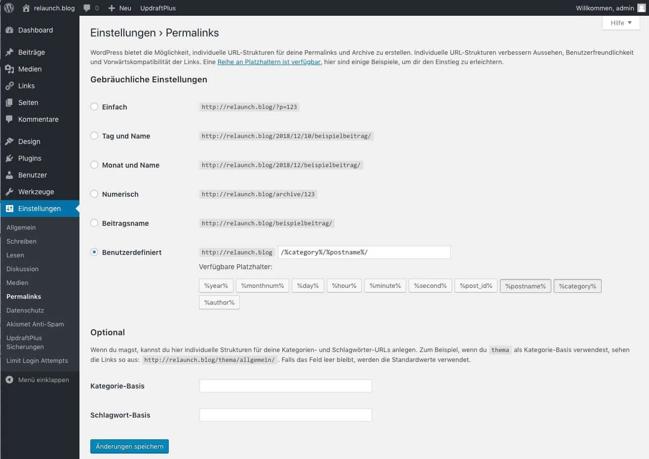 Einstellungen für die Linkstruktur in WordPress