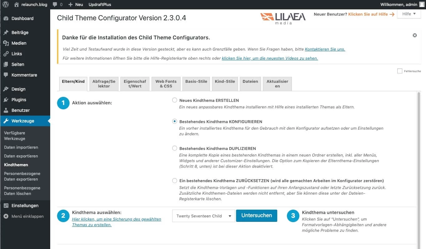 Die Konfiguration des Plugins Child Theme Configurator