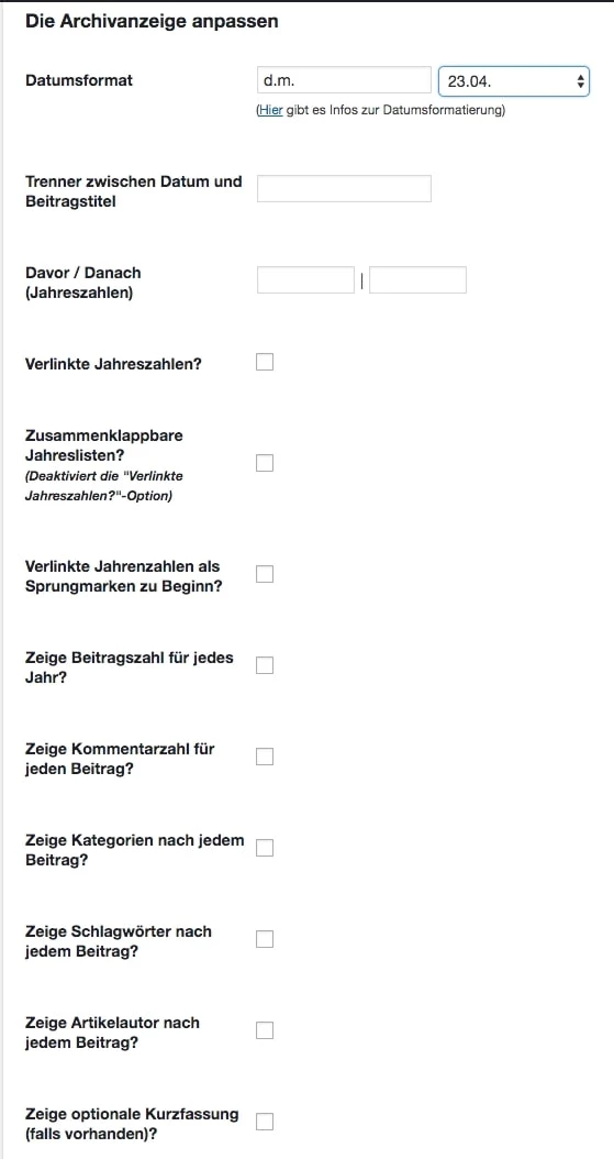Konfigurationsmenü von Simple Yearly Archive von relaunch.blog