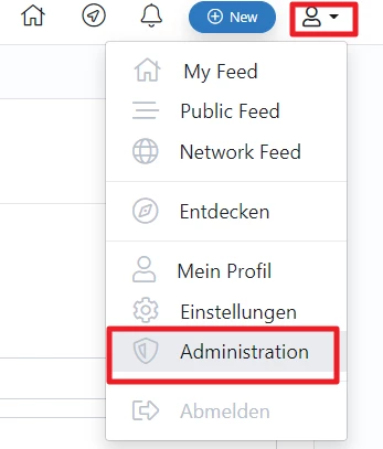 Dropdown-Menü unter dem Benutzersymbol mit Optionen: My Feed, Public Feed, Network Feed, Entdecken, Mein Profil, Einstellungen