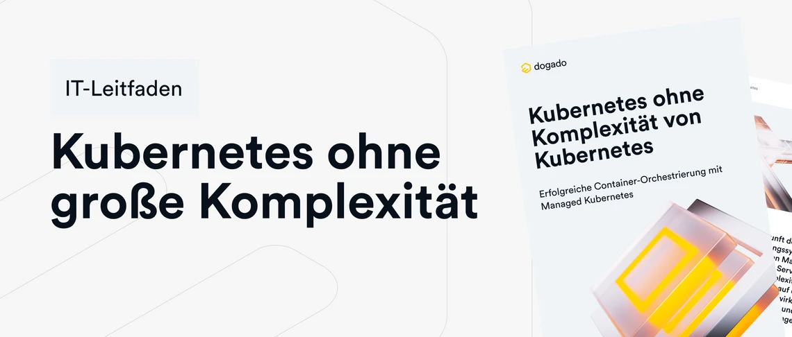 Weiße Fläche; linker Text IT-Leitfaden Kubernetes ohne große Komplexität; rechts Buchcover mit gelb-orangenem 3D-Objekt.