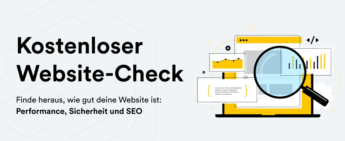 Linke Seite: 'Kostenloser Website-Check'. Rechte Seite: Laptop mit Lupe, Diagrammen und Code-Symbolen.