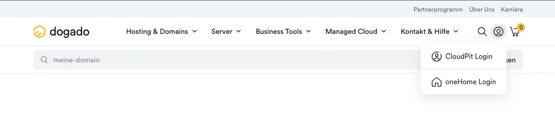 Header von dogado: Logo links, Suchfeld 'meine-domain', rechts Login-Dropdown.