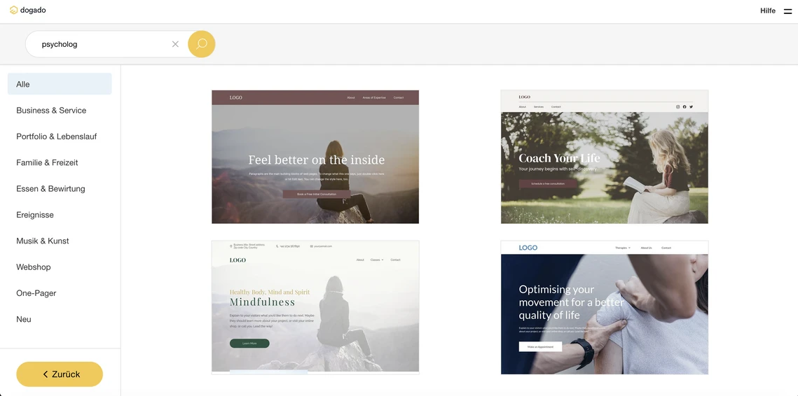 Screenshot einer Webdesign-Vorlagen-Galerie mit vier Vorschau-Karten, Suchzeile oben ('psychology') und linkem Navigationsmenü.