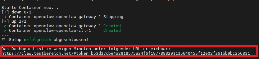 Dunkles Terminal mit Mehrzeilen-Output: grüne 'Created'-Meldungen, rote Markierung um eine Zeile mit Dashboard-Link.