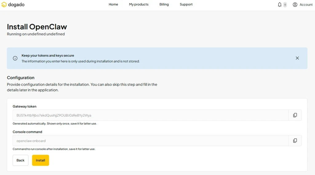 Installationsseite OpenClaw mit Token-Feld, automatisch generiertem Token, Console-Befehl, Back- und Install-Buttons.