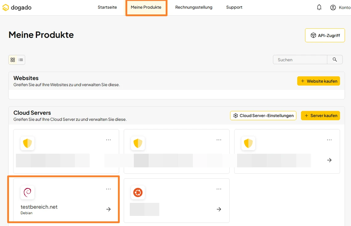 Dashboard Meine Produkte mit Websites und Cloud-Servern; hervorgehobene Kachel testbereich.net Debian.