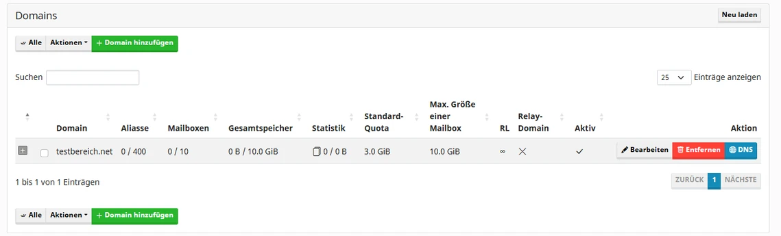 Screenshot einer Domain-Verwaltung: Tabelle mit Domain, Aliase, Mailboxen, Speicher, Statistik, Aktionen (Bearbeiten, DNS).