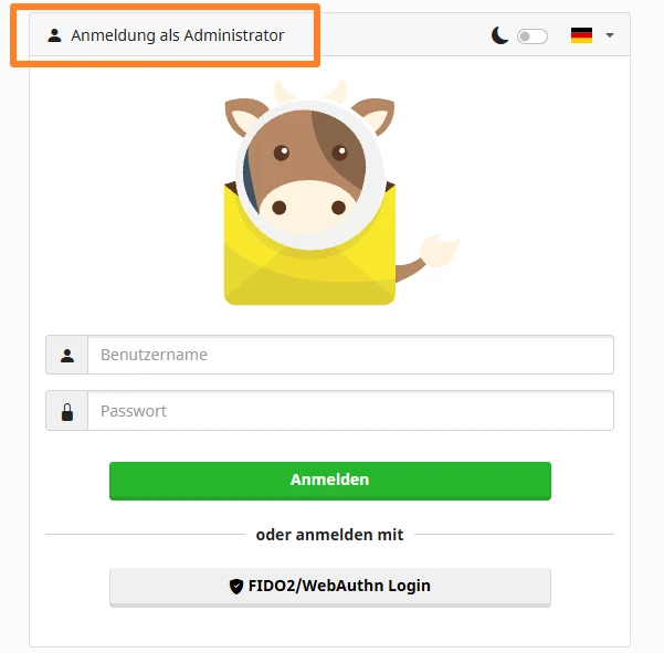 Login-Fenster mit Benutzername- und Passwortfeldern, grünem Anmelden-Button; Cartoon-Pferd in gelbem Umschlag oben.