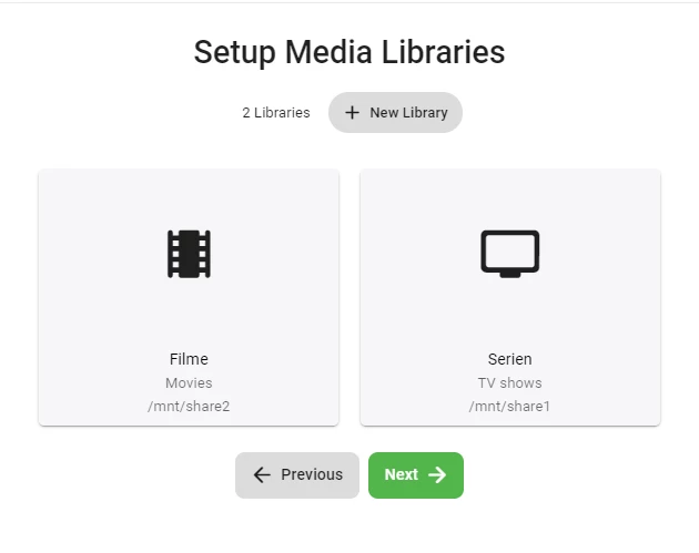 Setup Media Libraries: links Filme/Movies (/mnt/share2); rechts Serien/TV shows (/mnt/share1); Prev/Next.