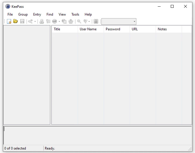 KeePass-Fenster mit leerer Tabelle; Spalten Title, User Name, Password, URL, Notes; linker Baum; Status unten: Ready.